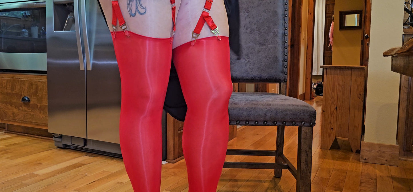 Well worn Red Super Shiny Oil Skin Stockings
