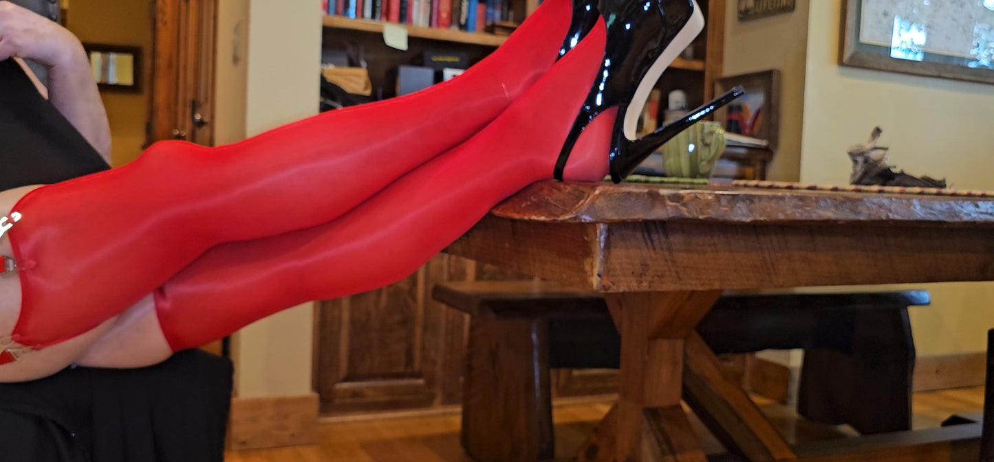 Well worn Red Super Shiny Oil Skin Stockings