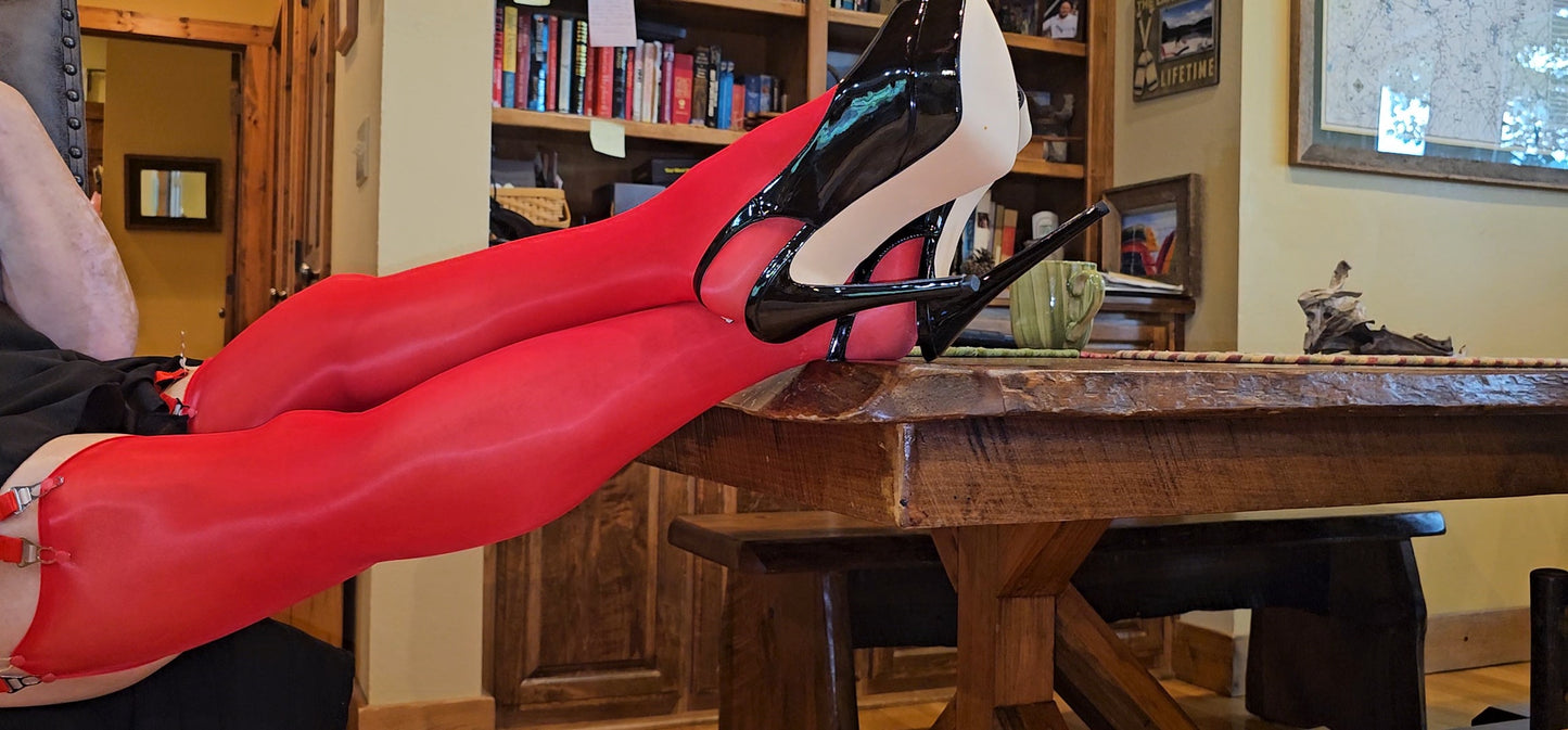 Well worn Red Super Shiny Oil Skin Stockings